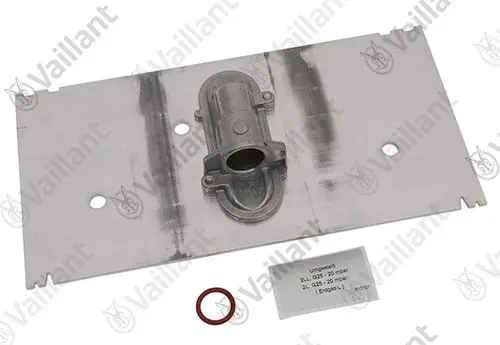 Vaillant Umstellsatz bestehend aus einer metallischen Grundplatte mit einer Aufsatzkomponente und einem Dichtungsring, zur Verwendung in Heizsystemen.